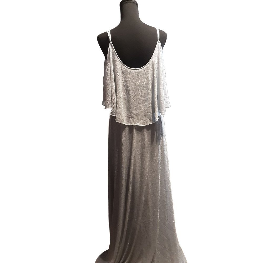 Calvin Klein Spaghetti Strap Metallic Evening Gown W/ Overlay Draped Bodice 14 - Picture 5 of 13